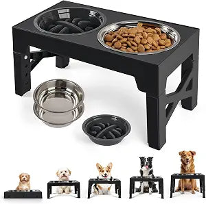 Elevated Dog Bowls, Raised Dog Bowl with Slow Feeder Bowl & Stainless Steel Bowls, 5 Heights Adjustable Dog Feeding Bowl Stand for Small Medium Large Dogs, Food Dishes with Non-Slip Feet